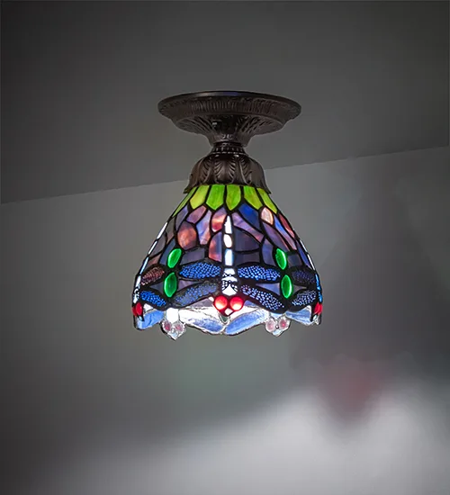 7" Wide Tiffany Hanging Head Dragonfly Flush Mount