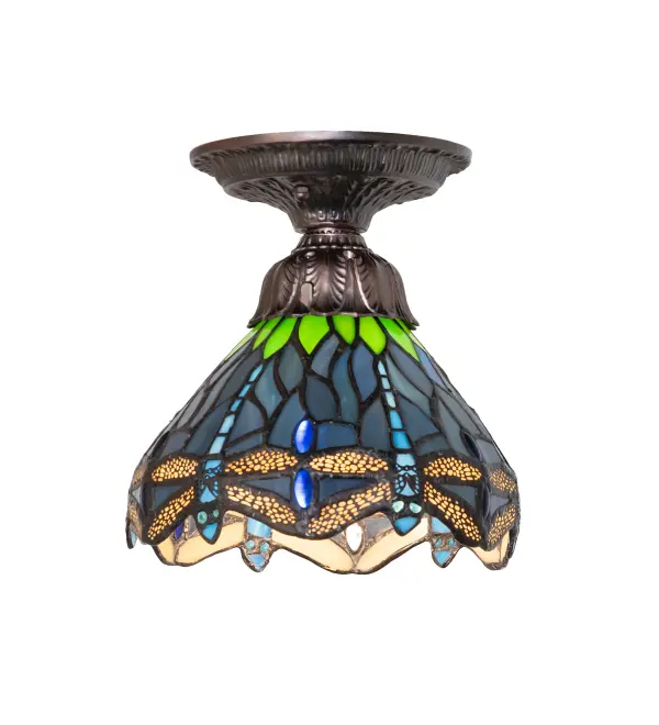 This beloved lighting design is modeled after the original Hanginghead Dragonfly from Tiffany Studios. Diving Blue Dragonflies with glowing jeweled eyes and delicate metal filigree wings circle over hand-cut and copper foiled pieces of Lakeside Blue and Pond Green glass representing rippling water. This lovely shade is created using the famous Meyda Tiffany copperfoil construction and enhanced with a Mahogany Bronze finished cast metal hardware. The scale of the shade makes it suitable for hallways, closets, and pantry spaces. The overall height can be adjusted by combining the four stem lengths that are included: 6-inch, 12-inch, 16-inch, and 24-inch, in any combination to achieve the desired drop from the ceiling. The Tiffany Hanginghead Dragonfly Flushmount is included in our American-designed, handcrafted Tiffany Reproduction Collection. UL and cUL listed for dry and damp locations. Collection: Tiffany Hanginghead Dragonfly Finish: Mahogany Bronze Glass: Eb Va Ka Width: 7.00" Height: 8.00" Length: 7.00" Weight: 2.00 lb Number of Bulbs: 1 Maximum Wattage: 60.00 W Bulb Type: A19 Bulb Base: E26 Material: Steel Country of Origin: CHINA Safety Rating: Damp