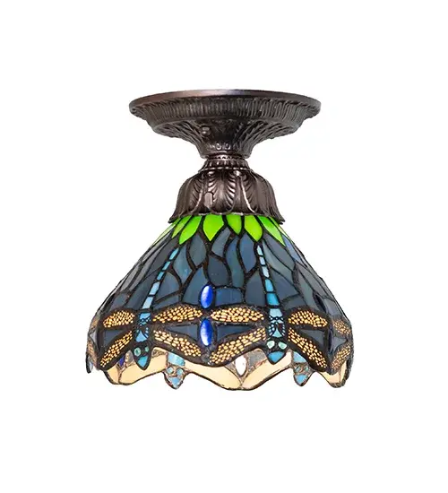 This beloved lighting design is modeled after the original Hanginghead Dragonfly from Tiffany Studios. Diving Blue Dragonflies with glowing jeweled eyes and delicate metal filigree wings circle over hand-cut and copper foiled pieces of Lakeside Blue and Pond Green glass representing rippling water. This lovely shade is created using the famous Meyda Tiffany copperfoil construction and enhanced with a Mahogany Bronze finished cast metal hardware. The scale of the shade makes it suitable for hallways, closets, and pantry spaces. The overall height can be adjusted by combining the four stem lengths that are included: 6-inch, 12-inch, 16-inch, and 24-inch, in any combination to achieve the desired drop from the ceiling. The Tiffany Hanginghead Dragonfly Flushmount is included in our American-designed, handcrafted Tiffany Reproduction Collection. UL and cUL listed for dry and damp locations. Collection: Tiffany Hanginghead Dragonfly Finish: Mahogany Bronze Glass: Eb Va Ka Width: 7.00" Height: 8.00" Length: 7.00" Weight: 2.00 lb Number of Bulbs: 1 Maximum Wattage: 60.00 W Bulb Type: A19 Bulb Base: E26 Material: Steel Country of Origin: CHINA Safety Rating: Damp - alternate view