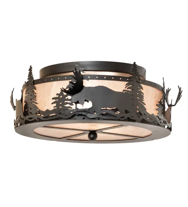 A majestic Moose wanders through the tall Pine trees around the perimeter of this dramatic mini pendant. A stunning Silver Mica shade is complemented with a matching bottom diffuser. The hardware, decorative accents, and a narrow pierced metal band are offered in a Textured Black finish. The fixture is inspired by Moose, which are found in forests and national parks from Isle Royal in Michigan to Yellow National Park in Wyoming. It is ideal for placement in hallways and dining areas to create a beautiful design statement for log homes, timber frame homes, and other residential and hospitality spaces. The Moose at Dusk Flushmount is included in our American-made, American-designed, handcrafted Wildlife Collection, which is manufactured in Yorkville, New York. UL and cUL listed for dry and damp locations. Upstate New York's adventurous playland, known as the Adirondack Mountains, with its many breathtaking forests, lakes, and rivers, is the spiritual birthplace of Meyda and inspires our rustic-themed mica collections. Collection: Moose At Dusk Finish: Textured Black Glass: Silver Mica Width: 18.00" Height: 7.00" Length: 18.00" Weight: 9.00 lb Number of Bulbs: 2 Maximum Wattage: 60.00 W Bulb Type: A19 Bulb Base: E26 Material: Steel Country of Origin: USA Safety Rating: Damp