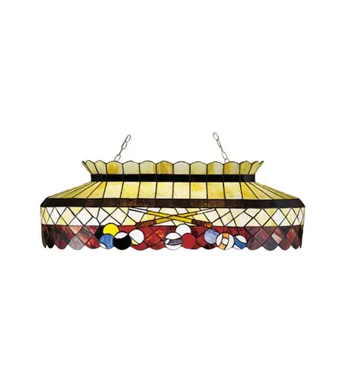 Rack em up! This oblong billiard pendant features a stained glass shade with crossed pool cue sticks; stripes; solids and a cue ball on a Honey Beige shade with Root Beer accents and a Burgundy skirt. The hardware is hand finished in Mahogany Bronze.