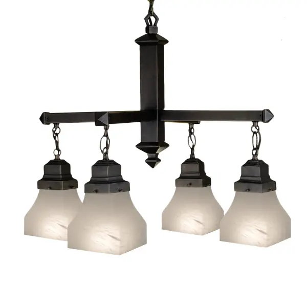The Country Bungalow family embodies the ideal of the American home. The casual cozy look of a Mahogany Bronze finish and White alabaster swirl glass make this versatile four light chandelier suitable for countless applications.