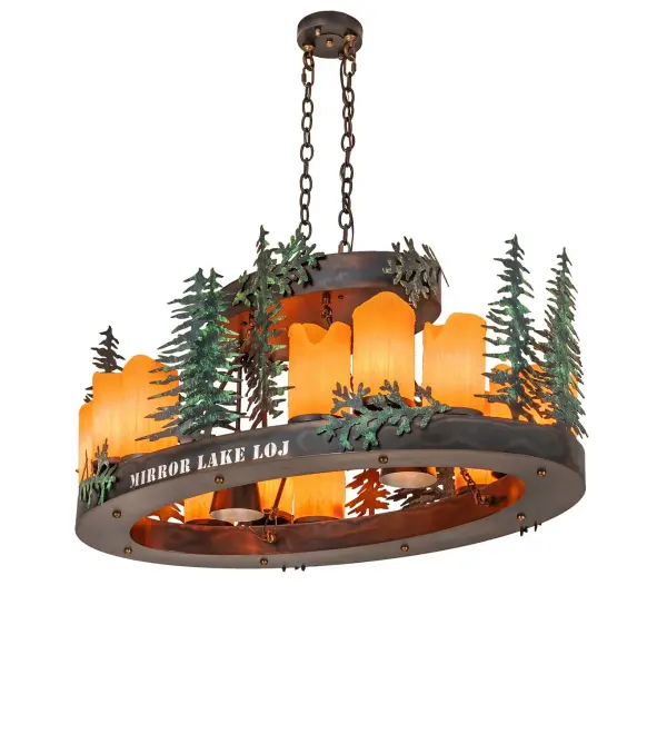 A stunning nature-inspired design. Custom Green hand-painted Tall Pines trees stand on the perimeter of this oblong chandelier. The hardware is featured in a Dark Burnished Antique Copper finish. 12 Amber candle covers diffuse the ambient lighting beautifully while two down-lights provide functional lighting on surfaces below. The faux candlelights and downlights benefit from separate circuits to give you precise dimming control over both layers of light to create the perfect ambiance in the space. The fixture is personalized with the laser-cut MIRROR LAKE Loj name which illuminates with Integral LEDs. The Mirror Lake Loj Personalized Oblong Pendant is included in our American-made, American-designed, handcrafted Personalized Collection and manufactured in Yorkville, New York. The fixture is UL and cUL listed for dry and damp locations. This lighting fixture can be ordered by calling us and adding your own business or camp name for your next project. Please call for pricing and lead time. Collection: Mirror Lake Loj Finish: Dark Burnished Antique Copper Glass: Silver Mica Width: 26.00" Height: 24.00" Length: 42.00" Weight: 85.00 lb Number of Bulbs: 2 Maximum Wattage: 5.00 W Bulb Type: MR16 Bulb Base: E26 Light Source: LED Material: Steel/Mica Country of Origin: USA Safety Rating: Damp LED