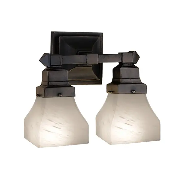 The Country Bungalow family embodies the ideal of the American home. The casual cozy look of a Mahogany Bronze finish and White alabaster swirl glass make this versatile two light wall sconce suitable for countless applications.