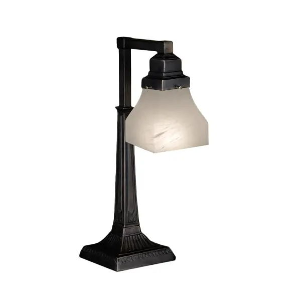The Country Bungalow family embodies the ideal of the American home. The casual cozy look of a Mahogany Bronze finish and White alabaster swirl glass make this versatile desk lamp suitable for countless applications.