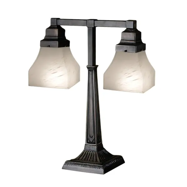 The Country Bungalow family embodies the ideal of the American home. The casual cozy look of a Mahogany Bronze finish and White alabaster swirl glass make this versatile two light desk lamp suitable for countless applications.