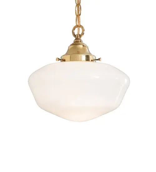 Restore the past with this appealing ceiling pendant featuring a beautifully formed White Opal Schoolhouse Glass shade. The fixture is enhanced with Solid Brass hardware featuring a Hand-Polished Premium Finish. This vintage-style lighting fixture offers a refined yet consistent, distinctive design that originated in traditional schoolhouses and public buildings in the early 1920s. The ceiling fixture is perfect for dining spaces and corridors in structures from Wells, Maine, to Columbia County, New York, to Canaan, Pennsylvania. The overall height ranges from 17 to 52 inches, as the chain can be easily adjusted in the field. The Revival Schoolhouse Traditional Globe Pendant is included in our American-designed, handcrafted Schoolhouse Lighting Collection. The fixture is UL & cUL listed for dry and damp locations. Collection: Revival Finish: Polished Brass Glass: White Opal Glass Width: 12.00" Height: 17.00" Length: 12.00" Weight: 6.00 lb Number of Bulbs: 1 Maximum Wattage: 60.00 W Bulb Type: A19 Bulb Base: E26 Material: Brass Country of Origin: USA Safety Rating: Damp - alternate view