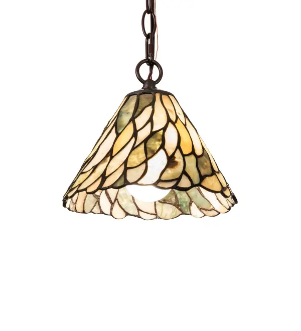 Thinly carved and polished Natural Jadestone in earthy tones of Moss Green and Ivory becomes luminescent in this wispy Willow leaf patterned shade. This stunning Jadestone shade is created using the famous Meyda Tiffany copperfoil construction technique and complemented with hardware in a warm Mahogany Bronze finish. The overall height ranges from 10 to 45 inches as the chain easily adjusts in the field to meet your exact lighting specifications. The mini pendant is ideal for illuminating kitchen islands, bars and dining tables from Rochester, New York, to Des Moines, Iowa, to Spokane, Washington.? The Willow Jadestone Mini Pendant is featured in our American-designed, handcrafted Jadestone Lighting Collection. UL and cUL listed for dry and damp locations. Each shade is a unique work of art with color variations based on natural ingredients inherent in the Jadestone. Collection: Willow Finish: Mahogany Bronze Glass: Beige Jadestone Width: 8.00" Height: 10.00" Length: 8.00" Weight: 3.00 lb Number of Bulbs: 1 Maximum Wattage: 60.00 W Bulb Type: A19 Bulb Base: E26 Material: Steel Country of Origin: CHINA Safety Rating: Damp