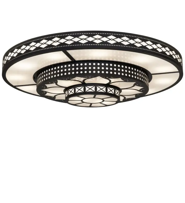Like an enchanting flower budding with petals, this stunning design-layered fixture appears to bloom with beautiful light. Three tiers of intriguing designs are highlighted with Statuario Idalight bottom diffusers, which combine a broad range of geometric motifs with a floral style and are enhanced with a bold Solar Black finish. This massive ceiling fixture can be placed in entryways and large spaces in fine homes, casinos, restaurants, and hotels. The Binion Flush Mount is featured in our American-made, American-designed, handcrafted Deco Lighting Collection and is manufactured in Yorkville, New York. UL and cUL listed for dry and damp locations. This fixture is featured in the Horseshoe Tunica Casino in Robinsville, Mississippi. Collection: Binion Finish: Solar Black Glass: Statuario Idalight Width: 72.00" Height: 15.00" Length: 72.00" Weight: 130.00 lb Number of Bulbs: 20 Maximum Wattage: 9.00 W Bulb Type: A19 Bulb Base: E26 Light Source: LED Material: Steel Country of Origin: USA Safety Rating: Damp LED