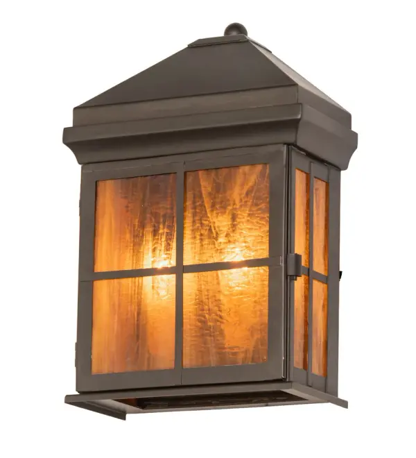 A sophisticated, architecturally styled fixture is designed with a unique, fresh, and stylish pizazz. Give your decor an extra edge with this breathtaking fixture, which features Honey Ripple Art Glass and is enhanced with a Craftsman Brown finished frame and a windowpane design. The wall fixture provides beautiful ambient lighting for hallways and entryways in residential and hospitality settings from Tallahassee, Florida, to Knoxville, Tennessee, to Grand Prairie, Texas. The Myles Wall Sconce is included in our American-made, American-designed, handcrafted Traditional Collection and manufactured in Yorkville, NY. It is UL & cUL listed for dry, damp and wet locations. Collection: Myles Finish: Craftsman Brown Glass: Honey Ripple Art Glass Width: 8.00" Height: 12.00" Length: 4.00" Weight: 3.50 lb Number of Bulbs: 2 Maximum Wattage: 60.00 W Bulb Type: BA9 Bulb Base: E12 Material: Brass Country of Origin: USA Safety Rating: Wet