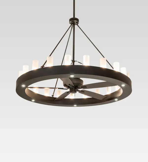 Blending an elegant style with a classic; distinguished look... The massive Loxley Chandel-Air features a lighting fixture that integrates a ceiling fan. It is custom-crafted with 21 Frosted Seeded Glass Cylindre elements. These illuminating elements are perched on a sturdy ring; which is enhanced with an Oil Rubbed Bronze finish. This luxurious Chandel-Air is ideal for illuminating great rooms; entryways; and other residential; hospitality; and commercial spaces. Six downlights provide task lighting; six uplights deliver ambient illumination on the ceiling above; and 21 lamps bring out the beauty of the glass elements. The decorative element lamps; uplights; downlights; and fan benefit from four separate circuits to give you precise dimming control over the three layers of light and the ceiling fan to create the perfect ambiance in the space. In summer; the fan pushes down a windchill that circulates to keep the space cool & comfortable. In winter; the fan is reversed to pull the room air towards the ceiling; force warm air down; and circulate to create warmth. The Loxley 21 Light Chandel-Air is included in our American-made; American-designed; handcrafted Chandel-Air Collection. This fixture is manufactured in Yorkville; New York; and is UL and cUL listed for dry and damp locations.