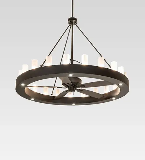Blending an elegant style with a classic; distinguished look... The massive Loxley Chandel-Air features a lighting fixture that integrates a ceiling fan. It is custom-crafted with 21 Frosted Seeded Glass Cylindre elements. These illuminating elements are perched on a sturdy ring; which is enhanced with an Oil Rubbed Bronze finish. This luxurious Chandel-Air is ideal for illuminating great rooms; entryways; and other residential; hospitality; and commercial spaces. Six downlights provide task lighting; six uplights deliver ambient illumination on the ceiling above; and 21 lamps bring out the beauty of the glass elements. The decorative element lamps; uplights; downlights; and fan benefit from four separate circuits to give you precise dimming control over the three layers of light and the ceiling fan to create the perfect ambiance in the space. In summer; the fan pushes down a windchill that circulates to keep the space cool & comfortable. In winter; the fan is reversed to pull the room air towards the ceiling; force warm air down; and circulate to create warmth. The Loxley 21 Light Chandel-Air is included in our American-made; American-designed; handcrafted Chandel-Air Collection. This fixture is manufactured in Yorkville; New York; and is UL and cUL listed for dry and damp locations. - alternate view
