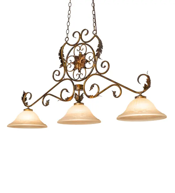 Enjoy the romance and elegance of this oblong billiard pendant; which is adorned with 3 Sand-colored Art Glass shades that are embraced by scrolled arms and decorative accents. An abstract floral medallion distinguishes the center of this exquisite lighting design; which is featured in Light Burnished Transparent Gold finish. The fixture is ideal for illuminating billiard?tables; bars; and islands in residential; hospitality; and commercial spaces in Providence; Rhode Island; Montgomery; Alabama; and Boise; Idaho. The Christabel 3 Light Oblong Island Pendant is included in our American-made; American-designed; handcrafted Transitional Lighting Collection. UL & cUL listed for dry and damp locations.