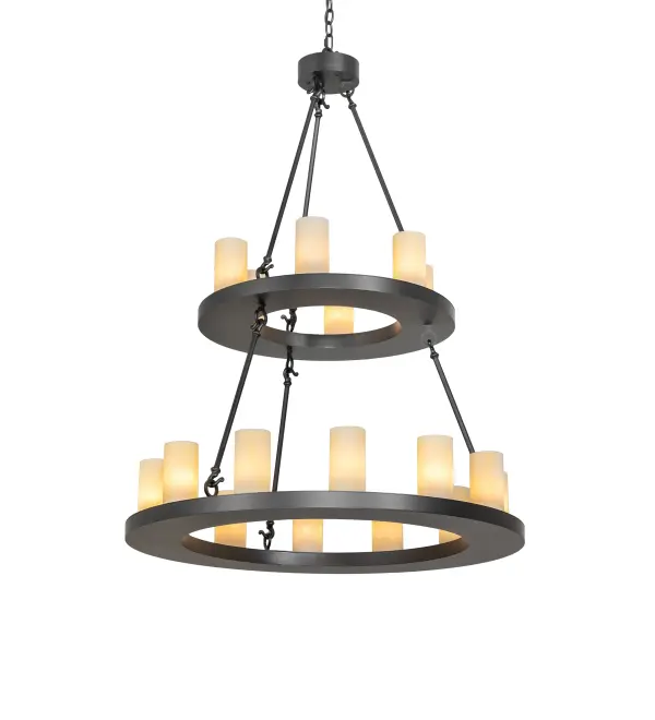 Blending an elegant style with a classic, distinguished look... The Loxley chandelier is custom-crafted with 18 Botticino Idalight Cylindre elements on two tiers and enhanced with a Wrought Iron finish. This luxurious custom fixture is ideal for illuminating ballrooms, dining tables, lobbies, entryways, and other residential, hospitality, and commercial spaces. The overall height ranges from 52 to 231 inches, as the chain length can be easily adjusted on location to accommodate your specific lighting application needs. The Loxley Two Tier Chandelier is included in our American-made, American-designed, handcrafted Transitional Lighting Collection. This fixture is manufactured in Yorkville, New York. UL and cUL listed for dry and damp locations. Collection: Loxley Finish: Wrought Iron Glass: Botticino Idalight Width: 36.00" Height: 52.00" Length: 36.00" Weight: 70.00 lb Number of Bulbs: 18 Maximum Wattage: 40.00 W Bulb Type: B10 Bulb Base: E12 Material: Steel Country of Origin: USA Safety Rating: Damp