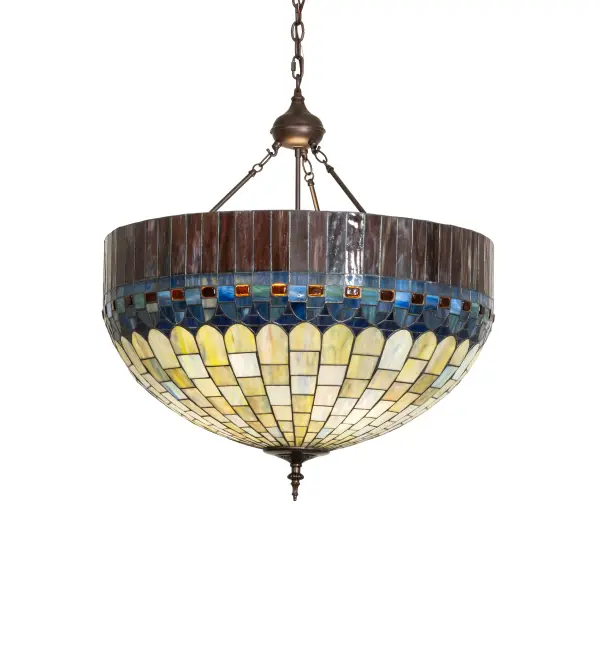 Elegant and distinctive; this Tiffany Candice pendant features an inverted stained glass shade with an Amber Plum glass fringe surrounding the domed brickwork of Emerald; Cobalt; and Ruby with Purple diamond-shaped accents for the look of woven fabric. The pendant is ideal for placement in entryways; dining areas; and other residential; restaurant; and hotel spaces. The stained glass shade is created using the famous Meyda copper foil construction and paired with hardware in a Mahogany Bronze finish. The Tiffany Candice Pendant is included in our American-designed; handcrafted Tiffany Reproduction Lighting Collection. The fixture is UL and cUL listed for dry and damp locations. Custom Made. Call for Pricing and Lead Time.