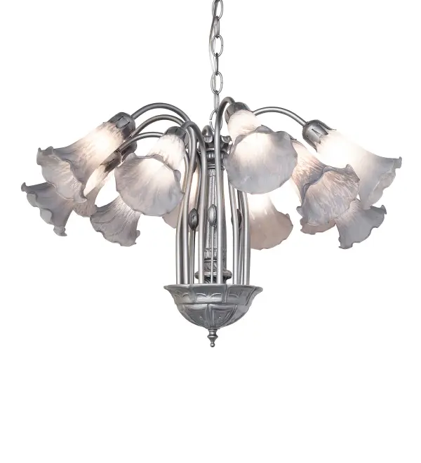 Recreating the famous Tiffany design from the early 1900s. This resplendent chandelier features 12 stunning shades crafted from Gray Favrile-style art glass. An elegant metal frame with floral accents is finished by hand in Light Sandstone. This fixture is ideal for illuminating entryways; dining areas; and living spaces in fine homes and hotels. The overall height of the fixture ranges from 23 to 47 inches; as the chain can be easily adjusted on location. The Gray Tiffany Pond Lily 12 Light Chandelier is featured in our American-designed; handcrafted Favrile Glass Lighting Collection. UL and cUL listed for dry and damp locations. Each shade is a unique work of art; featuring color variations derived from the natural ingredients inherent in the glass.