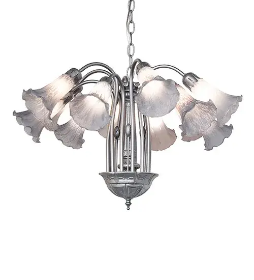 Recreating the famous Tiffany design from the early 1900s. This resplendent chandelier features 12 stunning shades crafted from Gray Favrile-style art glass. An elegant metal frame with floral accents is finished by hand in Light Sandstone. This fixture is ideal for illuminating entryways; dining areas; and living spaces in fine homes and hotels. The overall height of the fixture ranges from 23 to 47 inches; as the chain can be easily adjusted on location. The Gray Tiffany Pond Lily 12 Light Chandelier is featured in our American-designed; handcrafted Favrile Glass Lighting Collection. UL and cUL listed for dry and damp locations. Each shade is a unique work of art; featuring color variations derived from the natural ingredients inherent in the glass. - alternate view