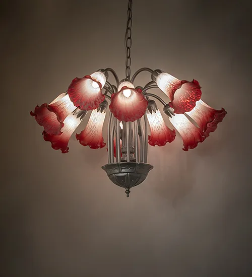 24" Wide Pink/White Tiffany Pond Lily 12 Light Chandelier