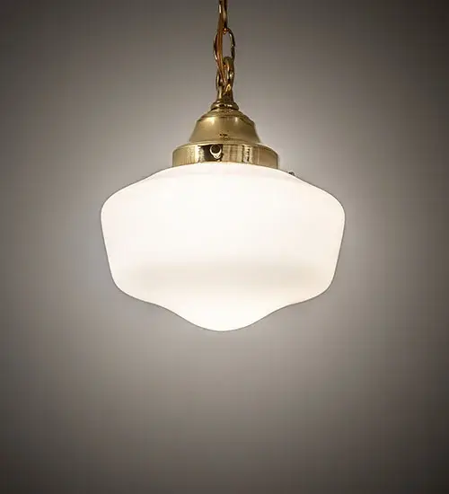 Restore the past with this appealing ceiling pendant featuring a beautifully formed White Opal Schoolhouse Glass shade. The fixture is enhanced with Solid Brass hardware featuring a Hand-Polished Premium Finish. This vintage-style lighting fixture offers a refined yet consistent; distinctive design that originated in traditional schoolhouses and public buildings in the early 1920s. The ceiling fixture is perfect for dining spaces and corridors in structures from Wells; Maine; to Columbia County; New York; to Canaan; Pennsylvania. The overall height ranges from 16 to 51 inches; and the chain can be easily adjusted in the field. The Revival Schoolhouse Traditional Globe Pendant is included in our American-designed; handcrafted Schoolhouse Lighting Collection. The fixture is UL & cUL listed for dry and damp locations.