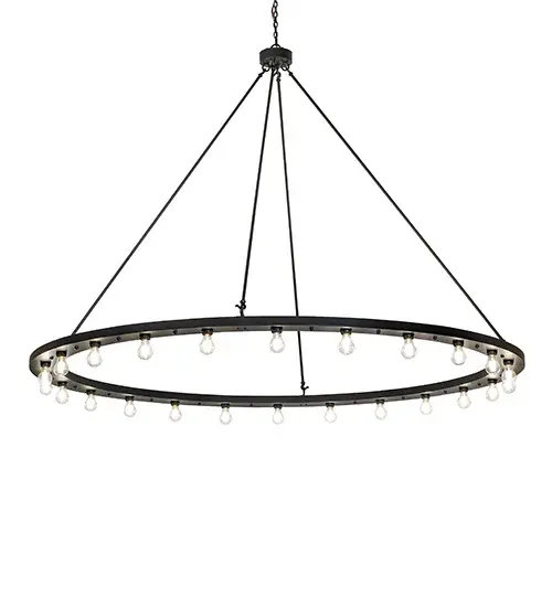 Blending an elegant style with a classic; distinguished look... The Loxley chandelier is custom-crafted with 24 Edison-style lamps and enhanced with a Solar Black finish. This luxurious custom fixture is ideal for illuminating dining tables; entryways; and other residential; hospitality; and commercial spaces throughout the US; including Arlington; Virginia; Omaha; Nebraska; and Sacramento; California. The overall height ranges from 64 to 183 inches; as the chain length can be easily adjusted in the field to accommodate your specific lighting application needs. The Loxley Chandelier is included in our American-made; American-designed; handcrafted Transitional Lighting Collection. This fixture is manufactured in Yorkville; New York. UL and cUL listed for dry and damp locations. - alternate view