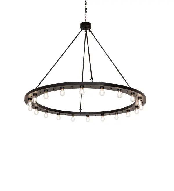 Blending an elegant style with a classic, distinguished look... The Loxley chandelier is custom-crafted with 20 Edison-style lamps and complemented with a Solar Black finish. The overall height ranges from 61 to 180 inches, as the chain can be adjusted in the field to meet your exact lighting specifications. This massive, luxurious custom fixture is ideal for illuminating ballrooms, dining tables, lobbies, entryways, and other residential, hospitality, and commercial spaces throughout the U.S., including Arlington, Virginia, Omaha, Nebraska, and Sacramento, California. The Loxley Chandelier is featured in our American-made, American-designed, handcrafted Transitional Lighting Collection. This fixture is manufactured in Yorkville, New York. UL and cUL listed for dry and damp locations. Collection: Loxley Finish: Solar Black Width: 60.00" Height: 61.00" Length: 60.00" Weight: 68.00 lb Number of Bulbs: 20 Maximum Wattage: 40.00 W Bulb Type: ST19 Bulb Base: E26 Material: Steel Country of Origin: USA Safety Rating: Damp