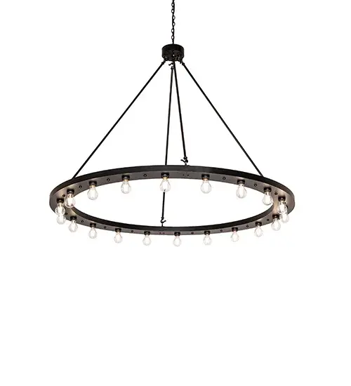 Blending an elegant style with a classic, distinguished look... The Loxley chandelier is custom-crafted with 20 Edison-style lamps and complemented with a Solar Black finish. The overall height ranges from 61 to 180 inches, as the chain can be adjusted in the field to meet your exact lighting specifications. This massive, luxurious custom fixture is ideal for illuminating ballrooms, dining tables, lobbies, entryways, and other residential, hospitality, and commercial spaces throughout the U.S., including Arlington, Virginia, Omaha, Nebraska, and Sacramento, California. The Loxley Chandelier is featured in our American-made, American-designed, handcrafted Transitional Lighting Collection. This fixture is manufactured in Yorkville, New York. UL and cUL listed for dry and damp locations. Collection: Loxley Finish: Solar Black Width: 60.00" Height: 61.00" Length: 60.00" Weight: 68.00 lb Number of Bulbs: 20 Maximum Wattage: 40.00 W Bulb Type: ST19 Bulb Base: E26 Material: Steel Country of Origin: USA Safety Rating: Damp - alternate view