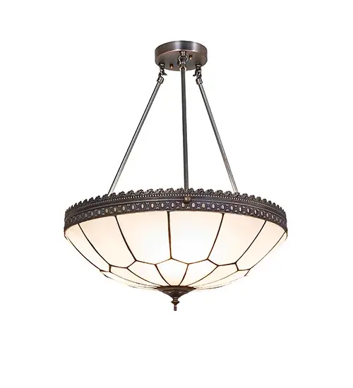 Embrace the romantic look of this stunning art glass lighting design. The Brass ceiling fixture features a White Art Glass shade with a dramatic Honeycomb pattern created using the famous Meyda Tiffany copperfoil construction process. The ceiling fixture is enhanced with Weathered Antique Brass hardware and filigree accents. The fixture is perfect for illuminating fine dining areas and entryways in homes and hospitality locations from Biltmore; North Carolina; to Dumbarton Oaks in Washington; DC; to Montecito; California. The Vincent Honeycomb Semi-Flushmount is featured in our American-made; American-designed; handcrafted Quality Bent Glass Collection; which is manufactured in Yorkville; New York. The ceiling fixture is UL & cUL listed for dry and damp locations. The Quality Bent Glass division of Meyda Tiffany has been in the making for over 100 years. The company revolutionized the manufacturing process for high-temperature glass forming by custom building production capacity glass forming ovens and kilns. Today; we are still creating timeless masterpieces using tools and methods from when we supplied Tiffany Studios. - alternate view