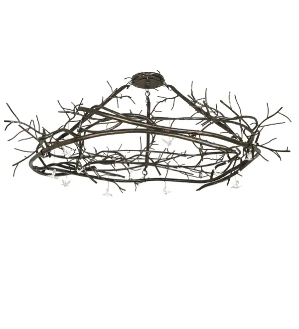Designed like a dense group of thin branches in the cold winter woods and enhanced with a dozen Clear Idalight Miniature Hummingbird accents... The dramatic Gardner chandelier is a free-flowing abstract expression of light. Exquisite branch-like metal arms abound in a stunning Dark Burnished Antique Copper finish and are illuminated with Integral LEDs. This eye-catching chandelier is perfect for illuminating entryways and dining areas in fine residences, restaurants, and hotels. The Gardner Chandelier is included in our American-made, American-designed Nature Inspired Lighting Collection and is manufactured in Yorkville, NY. UL and cUL listed for dry and damp locations. Upstate New York's adventurous playland, known as the Adirondack Mountains, with its many breathtaking forests, lakes, and rivers, is the spiritual birthplace of Meyda and inspires our rustic-themed collections. This chandelier is featured in the studio of the Kurt Gardner Photography Gallery in Old Forge, New York. Collection: Gardner Finish: Dark Burnished Antique Copper Width: 86.00" Height: 36.00" Length: 86.00" Weight: 180.00 lb Maximum Wattage: 12.00 W Bulb Type: LED Bulb Base: INTEGRAL Light Source: LED Color Temperature: 3000 K Material: Steel Country of Origin: USA Safety Rating: Damp LED