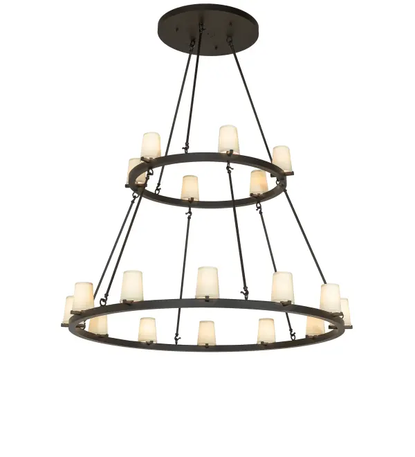 Blending an elegant style with a classic; distinguished look... The Loxley chandelier is custom-crafted with 18 Windchime Antique White Textrene Cylindres. These illuminating elements are perched on two sturdy rings; which are enhanced with an Oil Rubbed Bronze finish. This massive; luxurious custom fixture is ideal for illuminating ballrooms; dining tables; lobbies; entryways; and other residential; hospitality; and commercial spaces. The Loxley 18 Light Two Tier Chandelier is included in our American-made; American-designed; handcrafted Transitional Lighting Collection. This fixture is manufactured in Yorkville; New York; and is UL and cUL listed for dry and damp locations.
