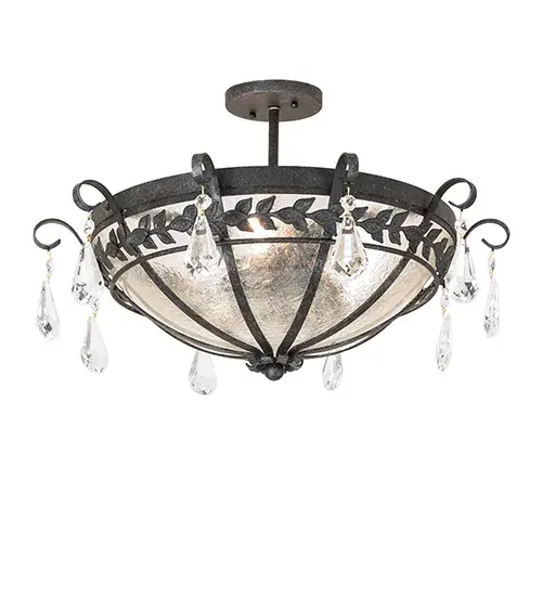 Revealing an elegant transitional look in a distinctive fixture. Florentine features a Clear Seeded Glass shade enhanced with 10 Sets of Crystal Accents and Hand Forged Iron Scrollwork; Leaf accents; and hardware in a Smoke finish. The fixture is ideal for placement in dining areas and entryways in fine homes and restaurants. The Florentine Semi-Flush Mount is featured in our American-manufactured; American-designed; handcrafted Renaissance Lighting Collection. The fixture is manufactured in Yorkville; New York. UL & cUL listed for dry and damp locations. - alternate view