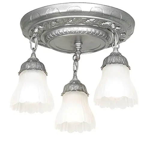This elegant ceiling fixture features a decorative style adorned with floral accents and finished in Light Sandstone. Three White Victorian Ruffle shades are offered in this exquisite fixture. The Victorian Ruffle Semi-Flush Mount is included in our American-designed; handcrafted Victorian Hardware Collection and is UL listed for dry and damp locations. - alternate view