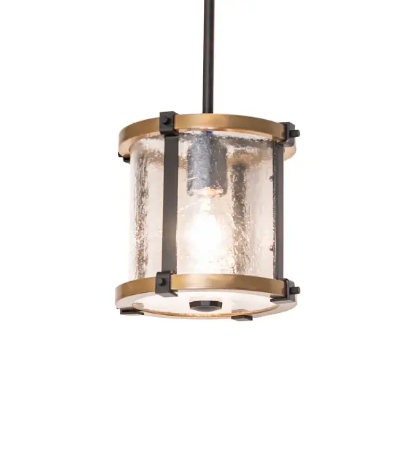 This stunning fixture has a chic motif and a curved shape reminiscent of the high style of the Mid-century Modern era. The Cilindro Campbell Pendant features Brass-finished decorative rings and is complemented by a Black Satin Wrought Iron canopy; stem; and decorative accents. The fixture features a Clear Seeded Glass lens that reveals an Edison-style lamp for beautiful ambient illumination. The fixture is perfect for installation in groups above bars; islands; and tables in homes and restaurants. The Cilindro Campbell Mini Pendant is included in our American-made; American-designed; handcrafted Modern Lighting Collection and manufactured in Yorkville; New York. UL & cUL listed for dry and damp locations.