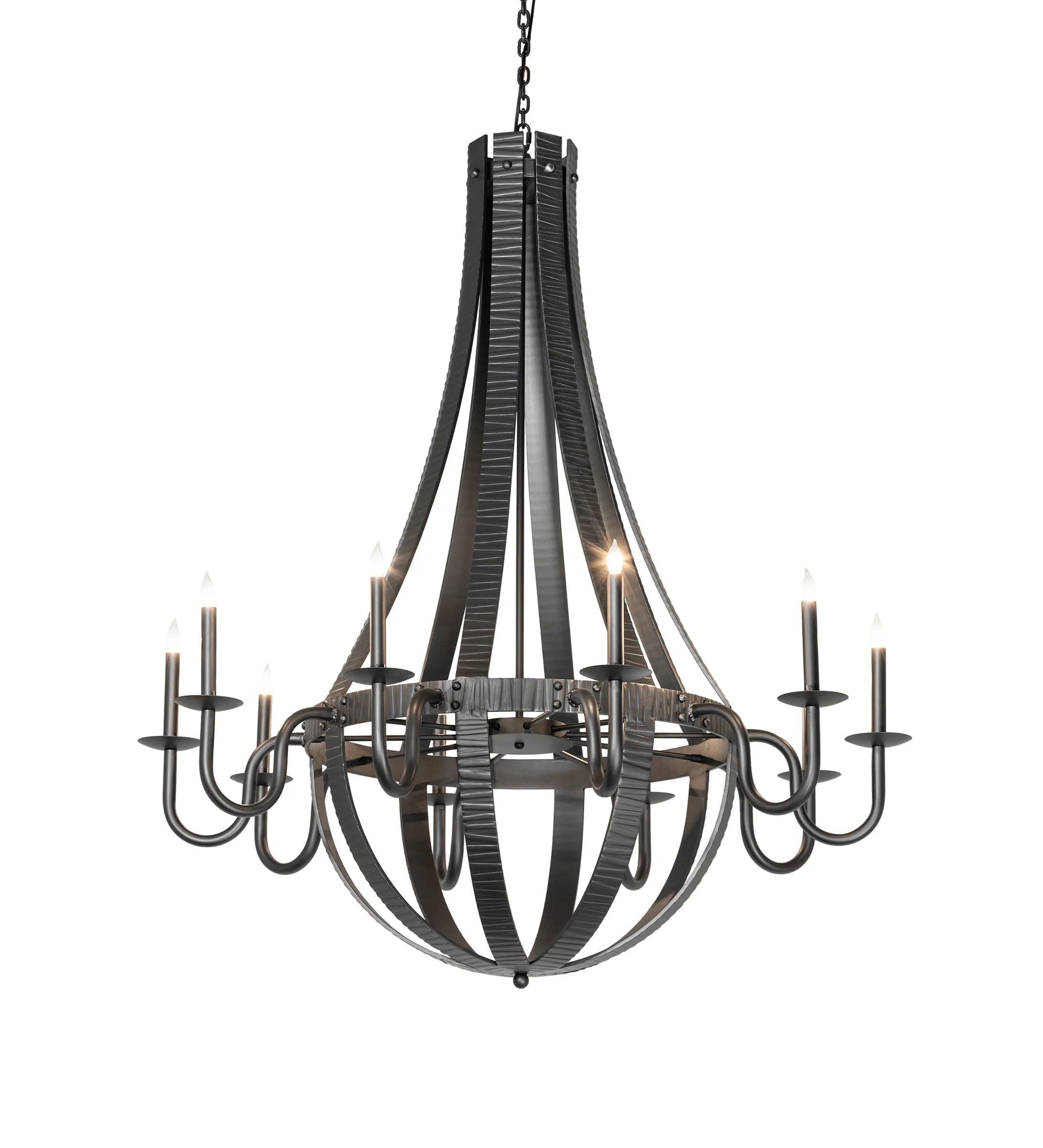 Barrel Stave Ten Light Chandelier in Wrought Iron