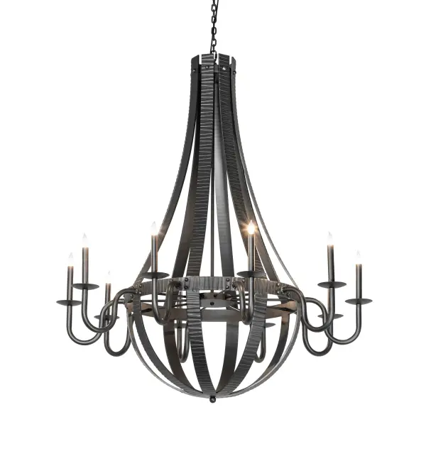 Elegant; luxurious charm blends with natural; rustic beauty. This extraordinary chandelier is inspired by antique staves traditionally bound by metal hoops used to construct beer and whisky barrels and wine casks. Stunning Hammered Charred Wood bands and Wrought Iron curved metal arms with bobeches embrace ten complementary faux candlelights. This lovely chandelier is ideal for providing beautiful ambient lighting and opulence in residential and hospitality spaces. The overall height ranges from 59 to 160 inches; as the chain can be adjusted on location to meet your precise lighting requirements. The Barrel Stave Metallo 10 Light Chandelier is included in our American-made; American-designed; handcrafted Contemporary Rustic Collection and manufactured in Yorkville; New York. The fixture is UL and cUL is listed for dry and damp locations.