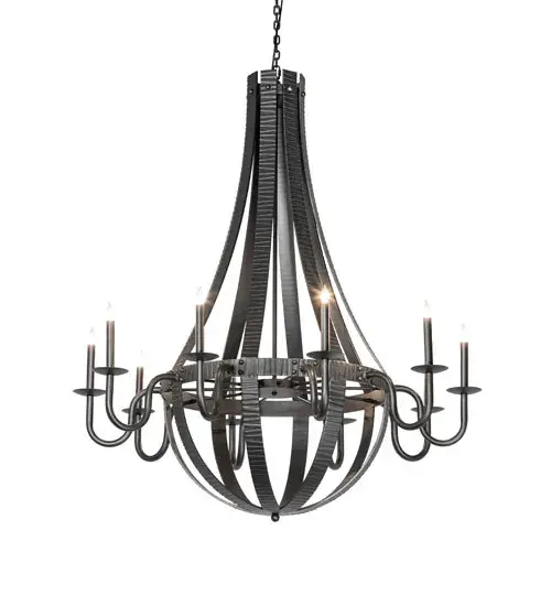 Elegant; luxurious charm blends with natural; rustic beauty. This extraordinary chandelier is inspired by antique staves traditionally bound by metal hoops used to construct beer and whisky barrels and wine casks. Stunning Hammered Charred Wood bands and Wrought Iron curved metal arms with bobeches embrace ten complementary faux candlelights. This lovely chandelier is ideal for providing beautiful ambient lighting and opulence in residential and hospitality spaces. The overall height ranges from 59 to 160 inches; as the chain can be adjusted on location to meet your precise lighting requirements. The Barrel Stave Metallo 10 Light Chandelier is included in our American-made; American-designed; handcrafted Contemporary Rustic Collection and manufactured in Yorkville; New York. The fixture is UL and cUL is listed for dry and damp locations. - alternate view