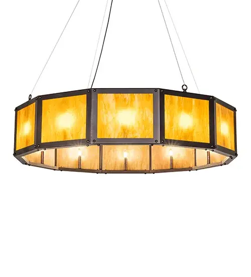 Designed as an inviting; minimalistic-style lighting fixture inside a covered courtyard in a hotel or fine home; this magnificent indoor/outdoor ceiling pendant features a lighting design inspired by a woman's bracelet. A dozen Ambra Siena Idalight panels are illuminated with complementary faux candlelights that match the Mahogany Bronze finished frame. This pendant style is inspired by architecture derived from the Arts and Crafts Movement of the mid-19th century. The overall height of this pendant ranges from 30 to 84 inches; as the aircraft cable length can be easily adjusted on location to accommodate your specific lighting application needs. The Porte Cochere Pendant is included in our American-made; American-designed; handcrafted Craftsman Lighting Collection and is manufactured in Yorkville; New York. UL and cUL listed for dry; damp; and wet locations and featured in a lodge's porte cochere in Montana. - alternate view