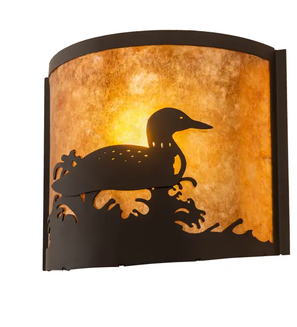 You can almost hear the melodious calls of the Loon echo across the woodland lake as this aquatic bird wades across the water. The ceiling fixture is designed with an Amber Mica diffuser, enhanced with decorative accents and hardware featured in an Oil Rubbed Bronze finish. It is ideal for illuminating fine baths or accenting hallways and other rooms as a sconce in homes from San Angelo, Texas, to Compton, California, to Hillsboro, Oregon. This wall fixture is complemented with 210343, the 11 Wide Loon Left Wall Sconce. The Loon Right Wall Sconce is included in our American-made, American-designed, handcrafted Wildlife Collection. Manufactured in Yorkville, New York. UL and cUL listed for dry and damp locations." Collection: Loon Finish: Oil Rubbed Bronze Glass: Amber Mica Width: 11.25" Height: 9.50" Length: 4.50" Weight: 3.50 lb Number of Bulbs: 1 Maximum Wattage: 60.00 W Bulb Type: A19 Bulb Base: E26 Material: Steel Country of Origin: USA Safety Rating: Damp