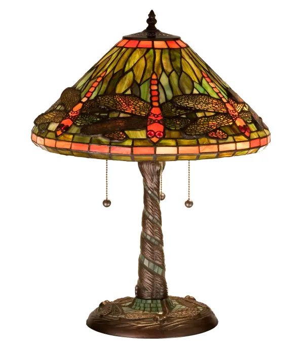 One of Tiffany Studio's most beloved dragonfly design, modeled after the hanging head dragonfly. Diving dragonflies with glowing Scarlet jeweled eyes and delicate metal filigree wings circle over hand cut and copper foiled pieces of Pond Green art glass. Sunset Sky bands circle the top and bottom of the stained glass shade. A Pond Green glass mosaic inlay spirals down the hand finished Mahogany Bronze base that is accented with a circle of cast metal dragonflies. Collection: Tiffany Dragonfly Finish: Mahogany Bronze Glass: Stained Glass Green Width: 16.00" Height: 21.00" Length: 16.00" Weight: 2.00 lb Extension from Wall: 6.50" Number of Bulbs: 3 Maximum Wattage: 60.00 W Bulb Type: A19 Bulb Base: E26 Material: Metal Or Polyresin Country of Origin: CHINA Safety Listing: Dry Safety Rating: Dry