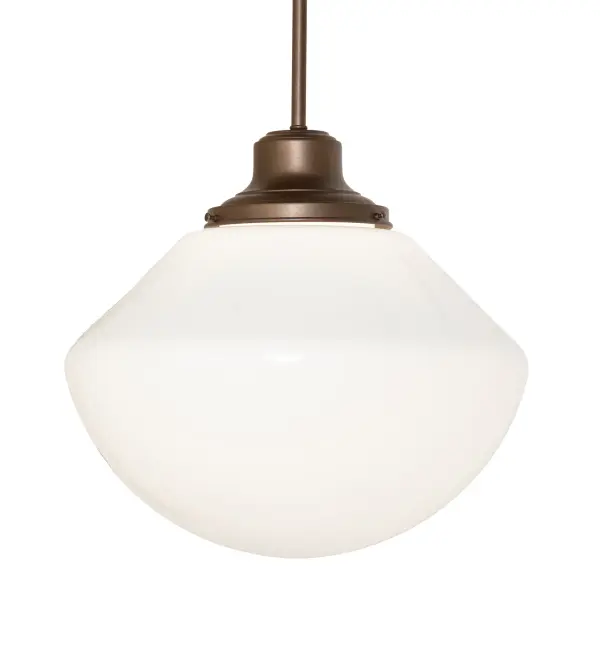 Restore the past with this appealing ceiling fixture featuring a beautifully formed White Opal Schoolhouse Glass shade with a traditional globe profile complemented by a Tyler Bronze finish. This vintage-style shade offers a refined yet consistent, distinctive design that originated in traditional schoolhouses and public buildings in the early 1920s. The shade is perfect for dining areas and corridors in homes, restaurants, and other public spaces. The Revival Schoolhouse Traditional Globe Pendant is included in our American-designed, handcrafted Schoolhouse Lighting Collection. The fixture is UL and cUL listed for dry and damp locations. The fixture is featured in the Illinois Fire Museum in Springfield, Illinois. Collection: Revival Finish: Tyler Bronze Glass: White Opal Glass Width: 16.00" Height: 42.00" Length: 16.00" Weight: 5.00 lb Number of Bulbs: 1 Maximum Wattage: 60.00 W Bulb Type: A19 Bulb Base: E26 Material: Brass Country of Origin: USA Safety Rating: Damp