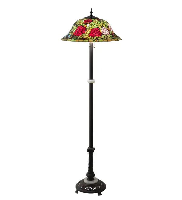 The most beloved of all floral beauties. The Rosebush is beautifully represented in this stunning reproduction of a Tiffany Studio Classic. Petal Pink, Romantic Red and Beautiful Blue art glass Roses ramble on a maze of Garden Green leaves. The shade is created using the famous Meyda Tiffany copperfoil construction. The delicate domed stained glass shade is paired with a Mahogany Bronze finished floor base.? UL and cUL listed for dry locations. Collection: Tiffany Rosebush Finish: Mahogany Bronze Glass: Stained Glass Width: 20.00" Height: 62.00" Length: 20.00" Weight: 23.00 lb Number of Bulbs: 3 Maximum Wattage: 60.00 W Bulb Type: A19 Bulb Base: E26 Material: Steel/Zinc Country of Origin: CHINA Safety Listing: Damp Safety Rating: Dry