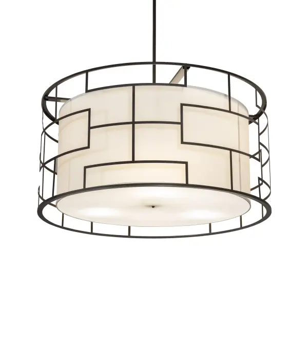 This pendant features a round profile and a mosaic-style frame that defines a sophisticated, architectural aesthetic. This Cream Textrene shade features a Statuario Idalight diffuser on the bottom surface and a Bronze finish. The pendant is perfect for illuminating dining areas and entryways in fine homes and hospitality spaces. The Cilindro Mosaic Pendant is included in our American-made, American-designed, handcrafted Modern Lighting Collection and manufactured in Yorkville, New York. The fixture is UL and cUL listed for dry and damp locations, however, we do not recommend installing it in spaces that experience excessive moisture due to the fabric shade. Collection: Cilindro Finish: Bronze Glass: Cream Textrene & Statuario Idalight Width: 48.00" Height: 96.00" Length: 48.00" Weight: 57.00 lb Number of Bulbs: 6 Maximum Wattage: 60.00 W Bulb Type: A19 Bulb Base: E26 Material: Steel Country of Origin: USA Safety Rating: Damp