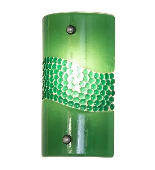 Hot high-fired glass is transformed into a cool abstract lighting design; blending waves of Pebbled Glass Jewels on a Green Art Glass background. Striking fused glass defines this extraordinary sconce; which features glass droplets on a solid curved panel. The wall sconce is ideal for illuminating a wide range of rooms in homes; resorts; hotels; and restaurants. The Metro Fusion Green Pietre Wall Sconce is featured in our American-made; American-designed; handcrafted Modern Lighting Collection; which is manufactured in Yorkville; New York. UL and cUL listed for dry and damp locations. Each shade is a unique work of art with color variations based on natural ingredients inherent in the glass. The Quality Bent Glass division of Meyda Tiffany Lighting is over 100 years in the making. Today; we are still creating timeless masterpieces using tools and methods from the days when we supplied Tiffany Studios. Fused glass colors and metal finishes are customizable; as each fixture is handcrafted to order. - alternate view