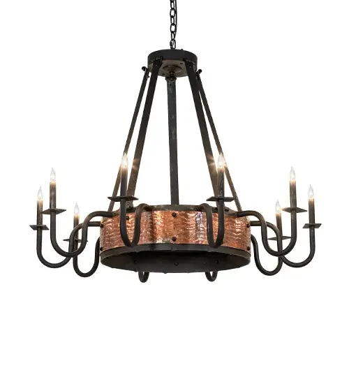 A touch of warm opulence is blended with elegant rustic styling. This custom lighting fixture integrates a fan that spins quietly in the center. A Vintage Hammered Copper banded fixture is enhanced with a Costello Black finish. Ten complementary faux LED candlelights deliver ambient lighting in dining areas and entryways in Moden Farmhouses; Lodges; inns; and restaurants. The overall height of this pendant ranges from 39 to 74 inches; as the chain length can be easily adjusted on location to accommodate your specific lighting application needs. The Costello 10 Light Two Tier Chandelier is included in our American-made; American-designed; handcrafted Modern Rustic Collection and manufactured in Yorkville; NY. UL & cUL listed for dry and damp locations. - alternate view