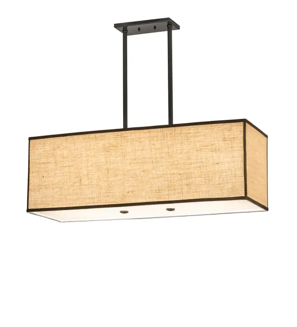 A handsome minimalist design is featured with a Natural Burlap shade and enhanced with a Statuario Idalight bottom diffuser. The fixture is enhanced with Timeless Bronze finished hardware and frame. The oblong pendant is ideal for illuminating bars; billiard tables; kitchen islands; counters; and dining tables in residential and hospitality locations. The Quadrato Lounge Oblong Pendant is included in our American-made; American-designed; handcrafted Transitional Lighting Collection. The fixture is UL and cUL listed for dry and damp locations; but we don?t recommend installing it in a space that experiences a lot of moisture due to the fabric shade.