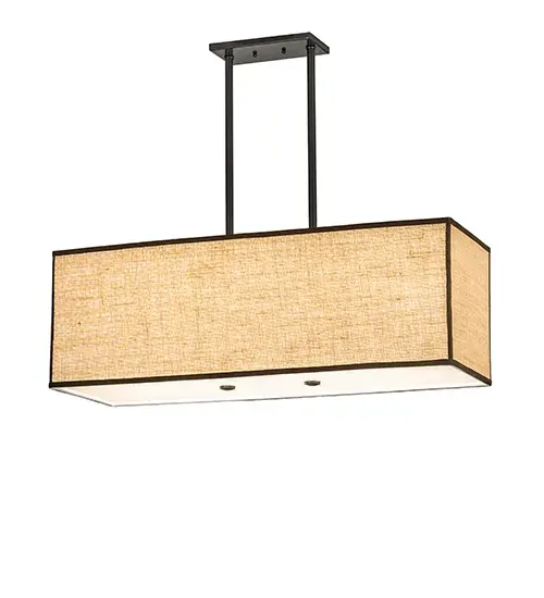 A handsome minimalist design is featured with a Natural Burlap shade and enhanced with a Statuario Idalight bottom diffuser. The fixture is enhanced with Timeless Bronze finished hardware and frame. The oblong pendant is ideal for illuminating bars; billiard tables; kitchen islands; counters; and dining tables in residential and hospitality locations. The Quadrato Lounge Oblong Pendant is included in our American-made; American-designed; handcrafted Transitional Lighting Collection. The fixture is UL and cUL listed for dry and damp locations; but we don?t recommend installing it in a space that experiences a lot of moisture due to the fabric shade. - alternate view