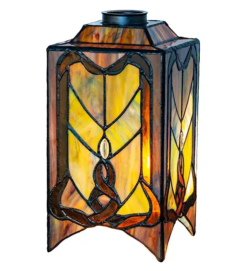 Like primitive folk art; this beautiful ceiling fixture is majestic in its simplicity. Created from Dusky Mauve; Olive and Honey art glass and accented with clear glass jewels. It pairs well with a base to create a charming mini lamp or matches with hardware to build a mini pendant or ceiling fixture. The Cottage Mission Shade is included in our American-designed; handcrafted Mission Lighting Collection. Each shade is a unique work of art with color variations based on natural ingredients inherent in the glass. Contact us if color matching is critical when ordering multiple items. - alternate view