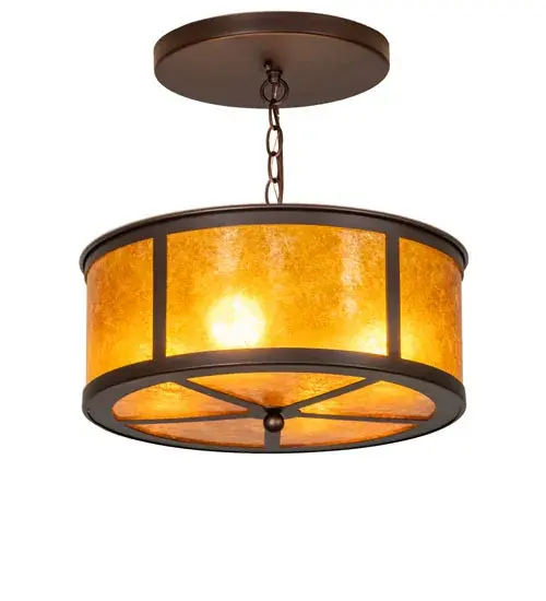 Inspired by the famed Arts and Crafts movement in design. This handsome ceiling fixture provides beautiful ambient light gently projected from a stunning Amber Mica shade. A Mahogany Bronze finished frame and hardware enhance the stunning; drum-styled ceiling fixture. The overall height ranges from 13 to 19 inches; as the chain length can be easily adjusted on location to accommodate your specific lighting application needs. The Smythe Craftsman Semi-Flushmount is featured in our American-made; American-designed; handcrafted Arts & Crafts Lighting Collection; which is manufactured in Yorkville; New York. UL and cUL listed for dry and damp locations. - alternate view