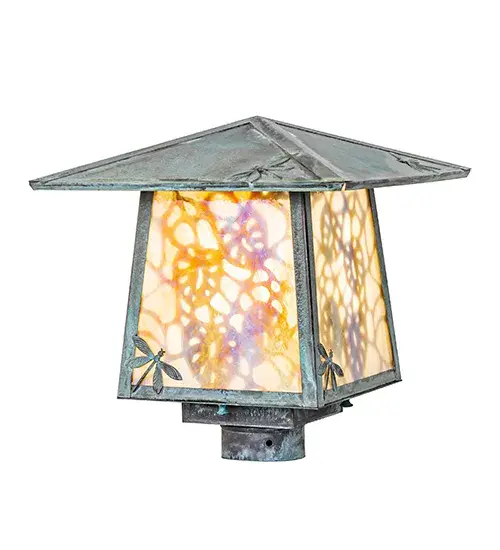 Delicately etched Lotus Leaves appear to fall gracefully in the air while Dragonfly metal accents adorn this dramatic Solid Brass Post Mount lighting fixture. This exquisite Nature-inspired fixture combines handsome Craftsman styling with an elegant; luxurious design. It features a Beige Iridescent Glass diffuser complemented by a Craftsman Verdigris finish. Constructed of Solid Brass; this lighting fixture is handcrafted for durability and longevity and is resistant to rust and corrosion; making it perfect for exterior and interior applications. The fixture is ideal for placement on posts and columns on decks and patios in timber homes; modern farmhouses; and other spaces. The Stillwater Lotus Leaf and Dragonfly Post Mount is included in our American-made; American-designed; handcrafted Craftsman Signature Series and manufactured in Yorkville; New York. UL and cUL listed for dry; damp; and wet locations. Our Build Your Own Craftsman Signature Series features unlimited combinations of styles. The collection is called Build Your Own because it is fully configurable and customizable from size and design to finish and lens color. Marine grade; solid brass; or copper raw materials are utilized to ensure items from the Craftsman Signature Series of outdoor and indoor lighting will stand the test of time; as these premium metals are impervious to most types of oxidation. Hand-applied Patina finishes on brass and copper are sealed with a clear varnish and over time; may require gentle maintenance; such as wax; to delay or reverse the natural living finish attributes indicative of this finishing process. Patina finishes on brass and copper provide strong resistance to fading from sun exposure; will not chip or crack; and will not rust like a steel-framed item in the same conditions. Choose from many style options; or send us your concept today! Call today to learn how to use the configuration tool available on our website for an instant item number! - alternate view