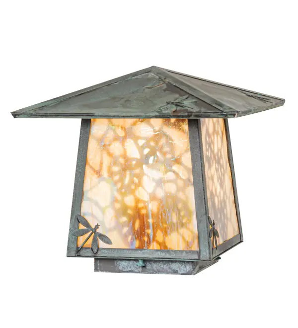 Delicately etched Lotus Leaves appear to fall gracefully in the air while Dragonfly metal accents adorn this dramatic Solid Brass deck light. This exquisite Nature-inspired Deck Light combines handsome Craftsman styling with an elegant; luxurious design. It features a Beige Iridescent Glass diffuser complemented by a Craftsman Verdigris finish. Constructed of Solid Brass; this lighting fixture is handcrafted for durability and longevity; resisting rust and corrosion; making it ideal for both exterior and interior applications. The fixture is suitable for placement on decks and patios in timber homes; modern farmhouses; and other spaces. The Stillwater Lotus Leaf and Dragonfly Deck Light is included in our American-made; American-designed; handcrafted Craftsman Signature Series and manufactured in Yorkville; New York. UL and cUL listed for dry; damp; and wet locations. Our Build Your Own Craftsman Signature Series features unlimited combinations of styles. The collection is called Build Your Own because it is fully configurable and customizable from size and design to finish and lens color. Marine-grade; solid brass; or copper raw materials are utilized to ensure items from the Craftsman Signature Series of outdoor and indoor lighting will stand the test of time; as these premium metals are impervious to most types of oxidation. Hand-applied Patina finishes on brass and copper are sealed with a clear varnish and over time; may require gentle maintenance; such as wax; to delay or reverse the natural living finish attributes indicative of this finishing process. Patina finishes on brass and copper provide strong resistance to fading from sun exposure; will not chip or crack; and will not rust like a steel-framed item in the same conditions. Choose from a variety of style options; or send us your concept today! Call today to learn how to use the configuration tool available on our website to generate an item number instantly.