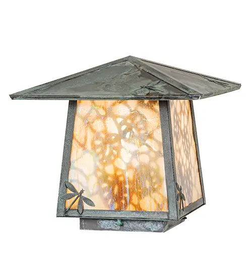 Delicately etched Lotus Leaves appear to fall gracefully in the air while Dragonfly metal accents adorn this dramatic Solid Brass deck light. This exquisite Nature-inspired Deck Light combines handsome Craftsman styling with an elegant; luxurious design. It features a Beige Iridescent Glass diffuser complemented by a Craftsman Verdigris finish. Constructed of Solid Brass; this lighting fixture is handcrafted for durability and longevity; resisting rust and corrosion; making it ideal for both exterior and interior applications. The fixture is suitable for placement on decks and patios in timber homes; modern farmhouses; and other spaces. The Stillwater Lotus Leaf and Dragonfly Deck Light is included in our American-made; American-designed; handcrafted Craftsman Signature Series and manufactured in Yorkville; New York. UL and cUL listed for dry; damp; and wet locations. Our Build Your Own Craftsman Signature Series features unlimited combinations of styles. The collection is called Build Your Own because it is fully configurable and customizable from size and design to finish and lens color. Marine-grade; solid brass; or copper raw materials are utilized to ensure items from the Craftsman Signature Series of outdoor and indoor lighting will stand the test of time; as these premium metals are impervious to most types of oxidation. Hand-applied Patina finishes on brass and copper are sealed with a clear varnish and over time; may require gentle maintenance; such as wax; to delay or reverse the natural living finish attributes indicative of this finishing process. Patina finishes on brass and copper provide strong resistance to fading from sun exposure; will not chip or crack; and will not rust like a steel-framed item in the same conditions. Choose from a variety of style options; or send us your concept today! Call today to learn how to use the configuration tool available on our website to generate an item number instantly. - alternate view